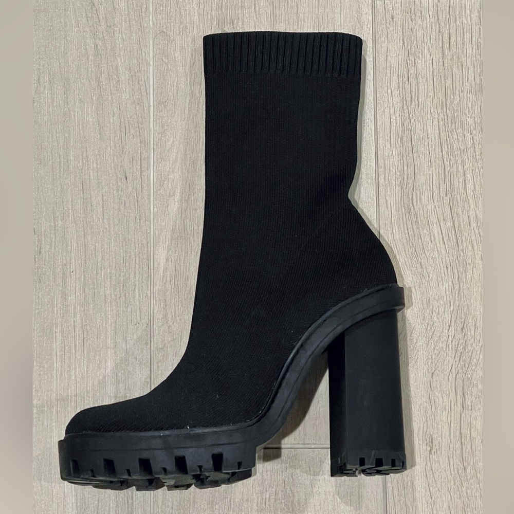 Zara Black Sock Womens Booties Block Chunky Heels Size 36